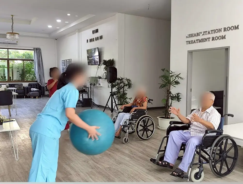 VAI student volunteers, ball exercises with residents in wheelchairs, Bangkok